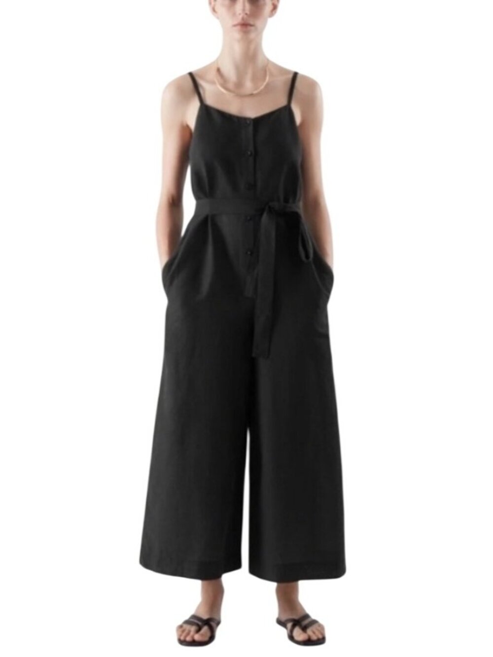 COS Linen Blend Black Belted Wide-Leg Jumpsuit With Pockets Size 4 breathable